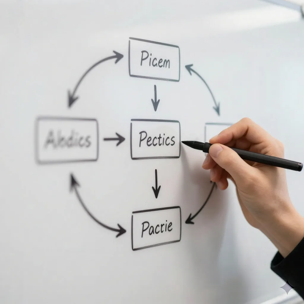 Hand schrijft een gestructureerd processtroomdiagram op een whiteboard met pijlen en vakken