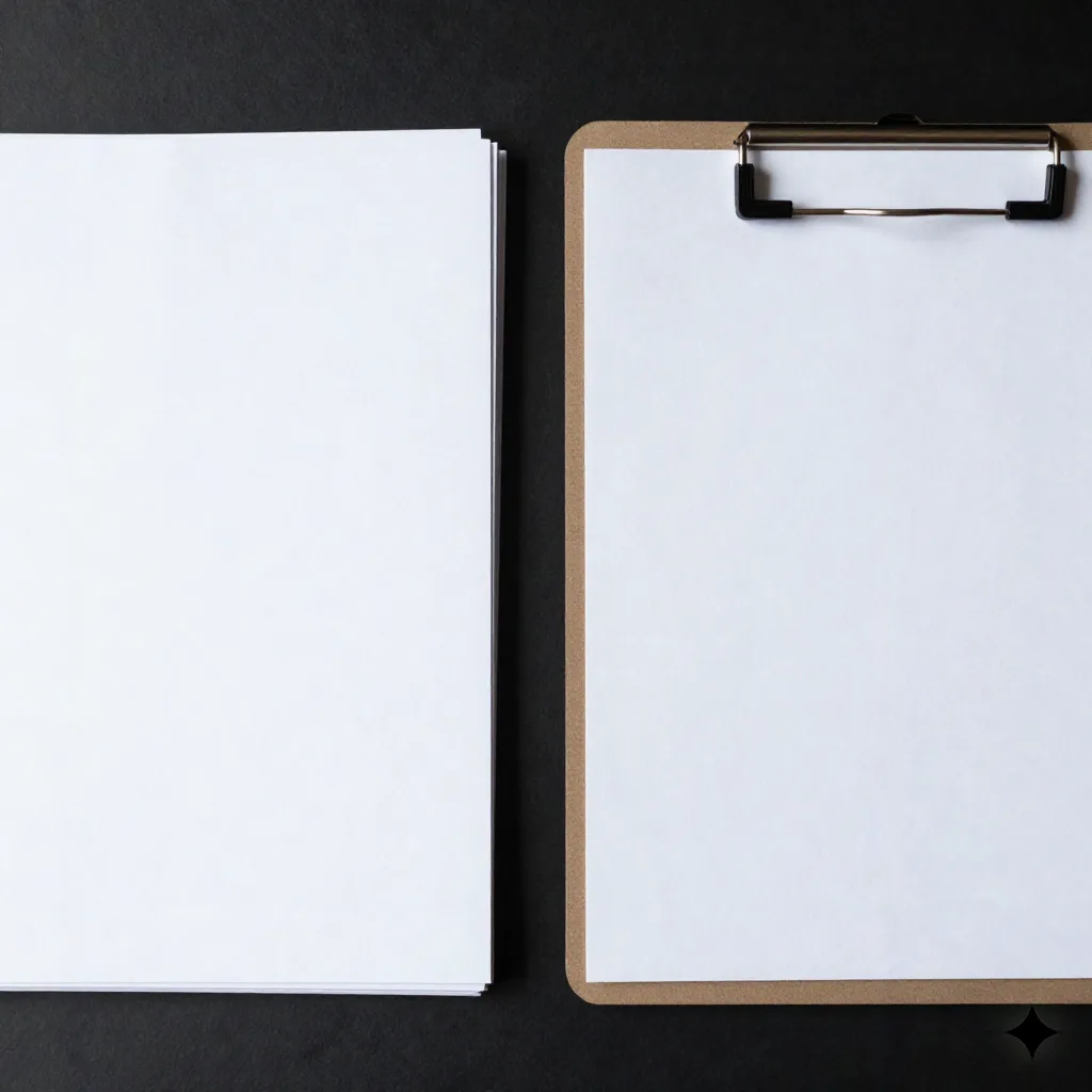 Plat overzicht van een dikke documentenstapel naast een enkele schone eenpagina samenvatting op een donker bureau