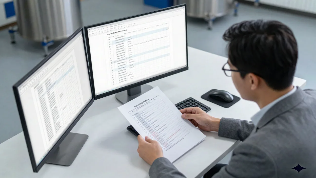 Operations manager reviewing an objective summary report on a dual monitor workstation