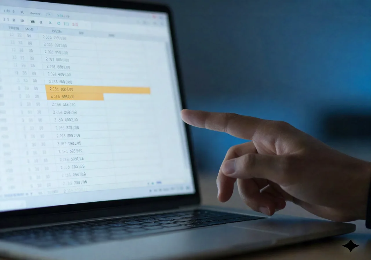 Close-up of a hand near a laptop screen showing a highlighted spreadsheet formula result