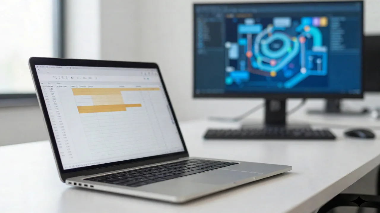 Laptop on a desk showing a spreadsheet with one cell highlighted in amber, a blurred production-line diagram on a second monitor