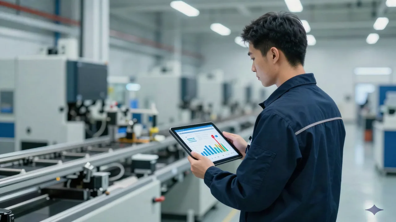Operations engineer reviewing an AI-generated bottleneck report on a tablet next to a production line