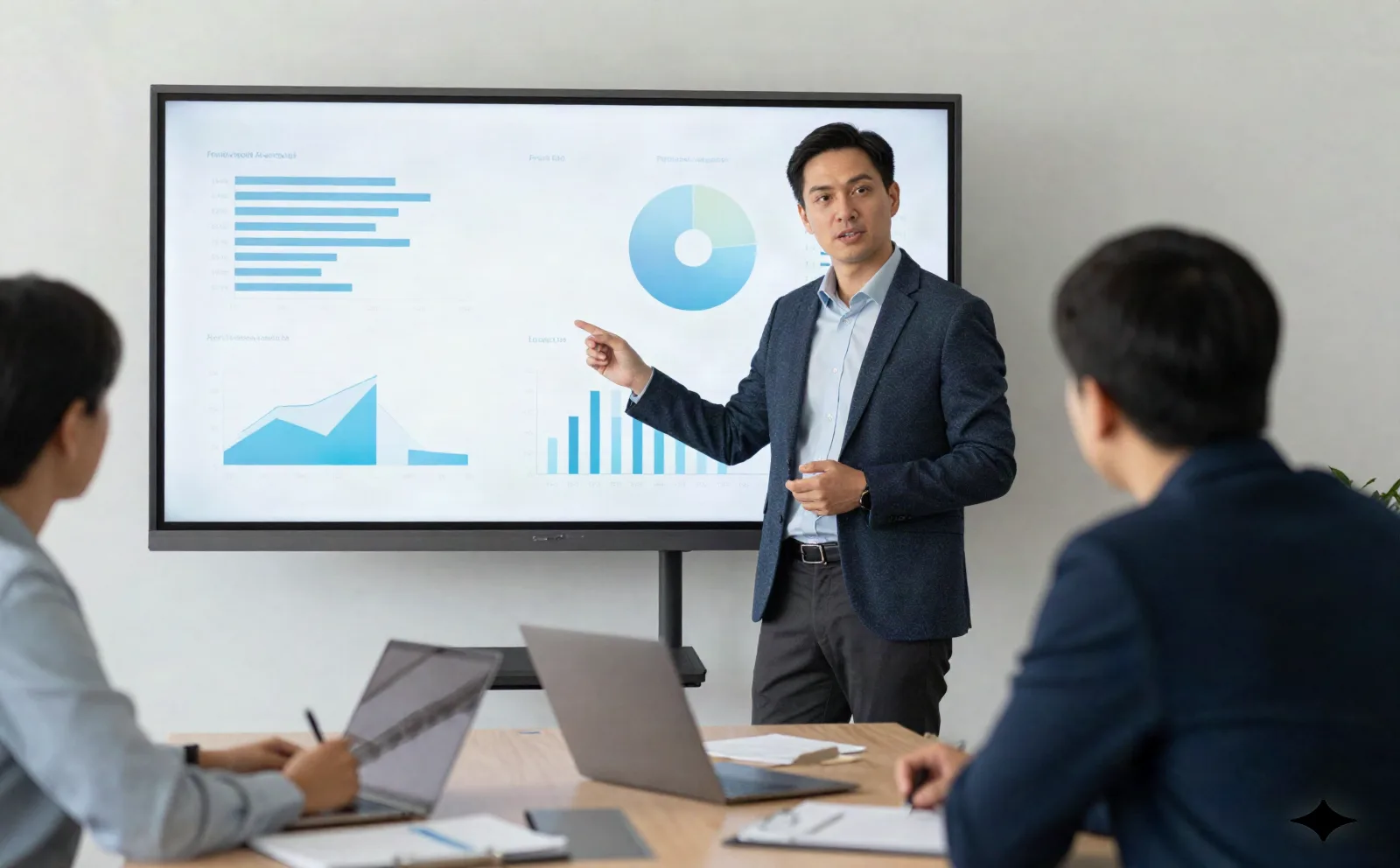 Team reviewing a research-backed slide deck on a meeting room screen