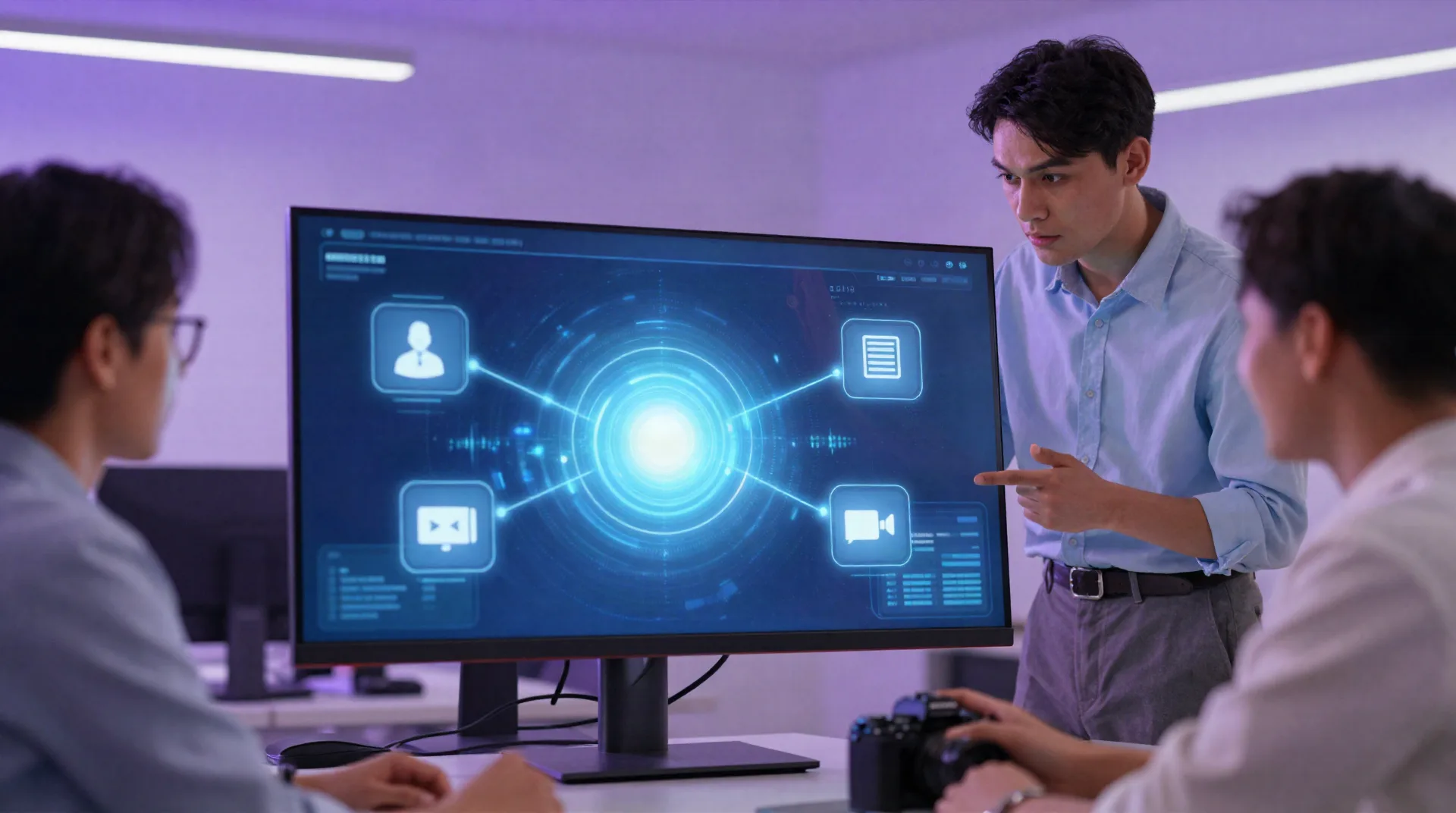 Team beoordeelt een AI agent workspace dashboard met meerdere gespecialiseerde agent pictogrammen