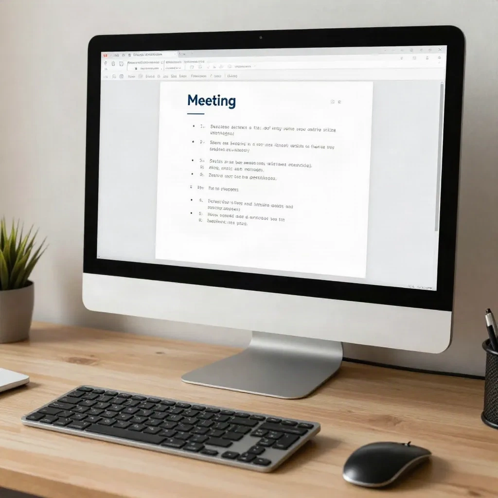 Monitor showing AI-generated meeting transcript with structured action items