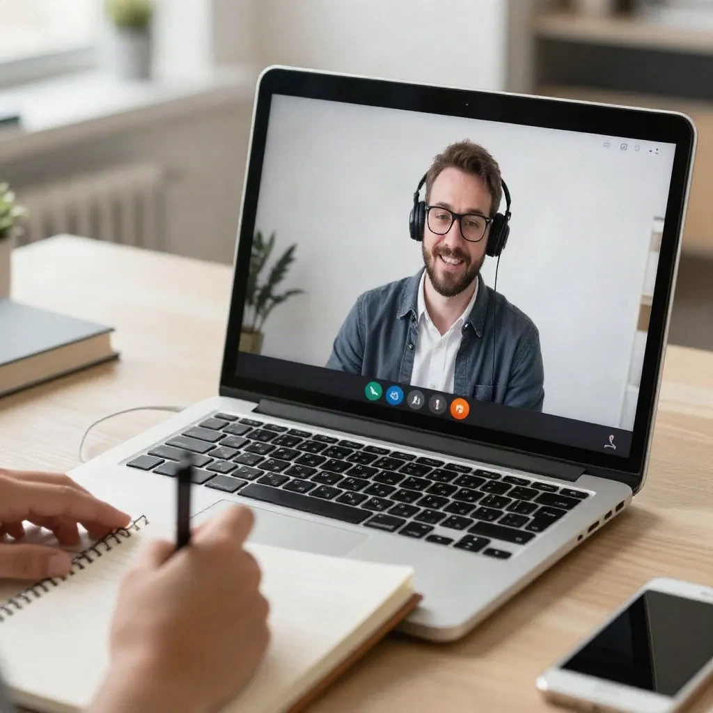 Laptop displaying a video conference with meeting recording in progress
