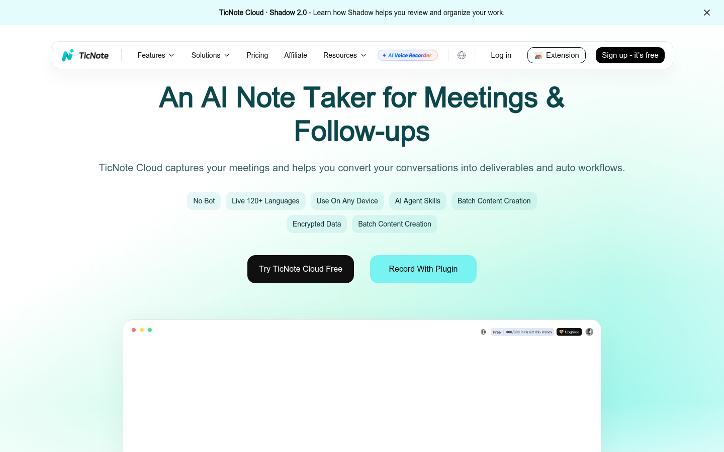 Interfaccia TicNote Cloud che mostra la trascrizione di una riunione e l'organizzazione delle note