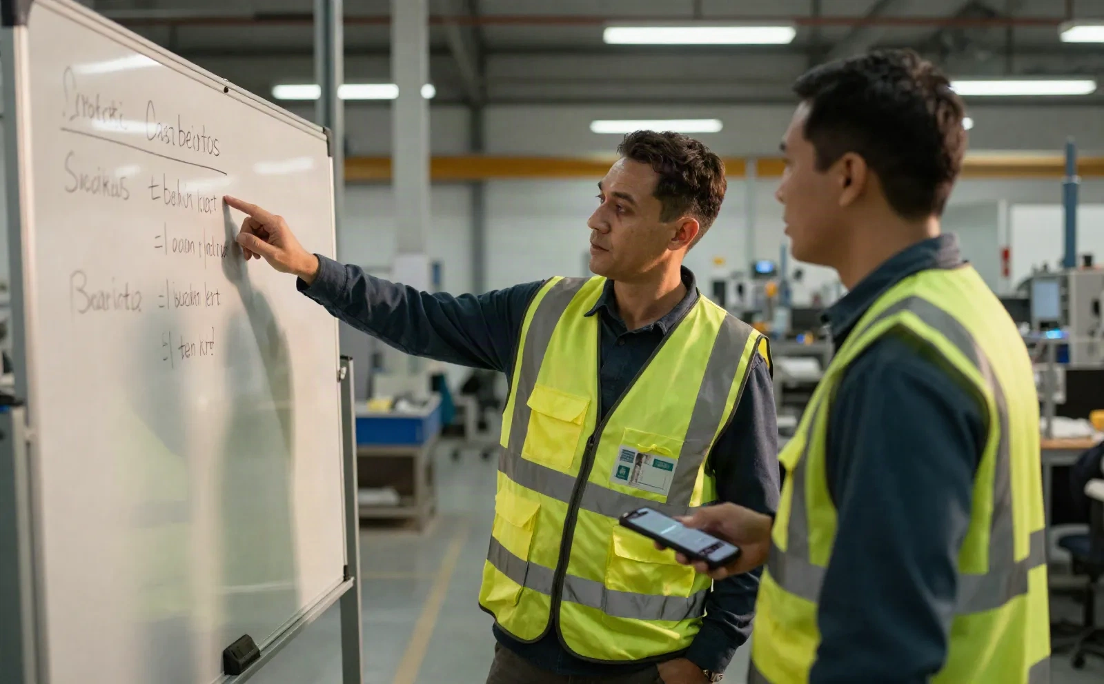 Two operations workers reviewing shift handoff notes at a whiteboard with a phone recording the conversation