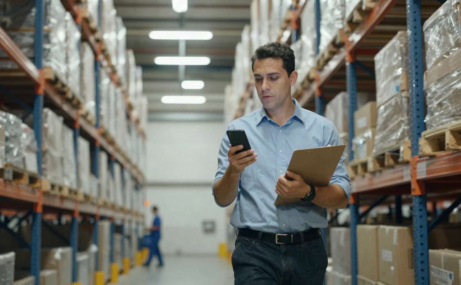 Quality auditor walking a warehouse aisle recording a verbal audit note on his phone