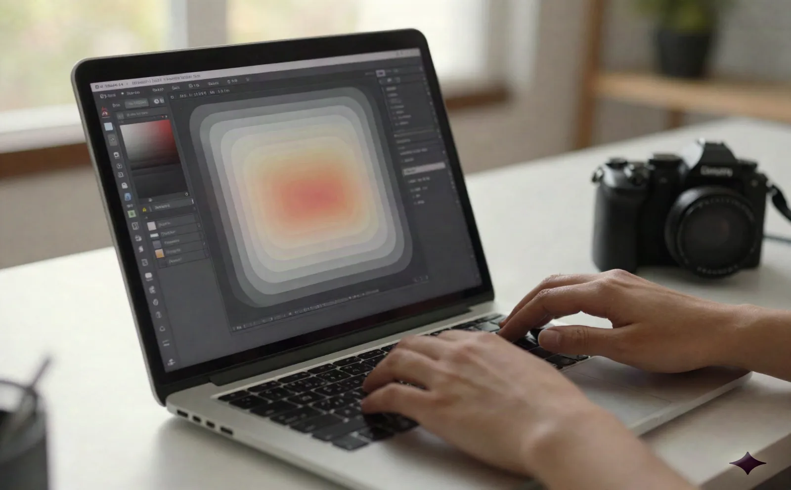 Designer editing layered AI-generated artwork on a laptop