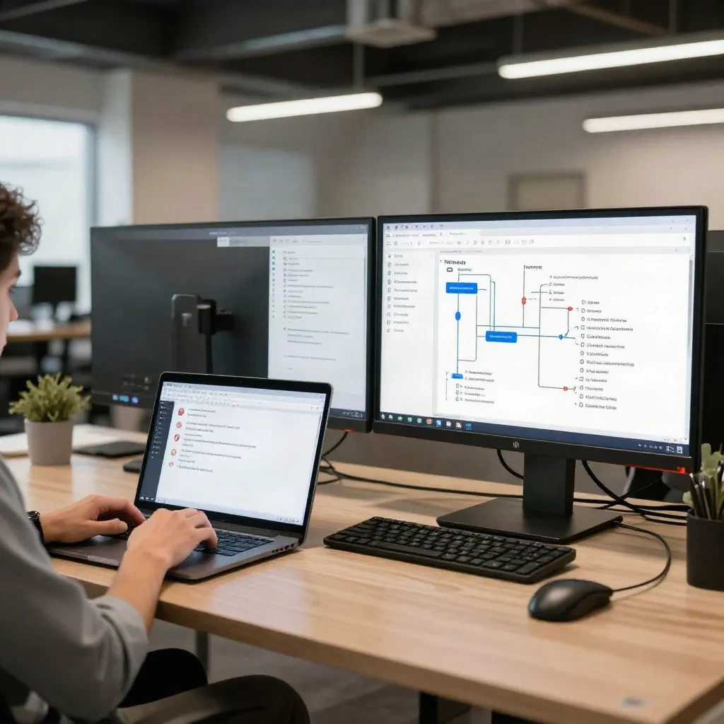 Comparison of chatbot conversation interface versus AI agent autonomous workflow pipeline on office monitors