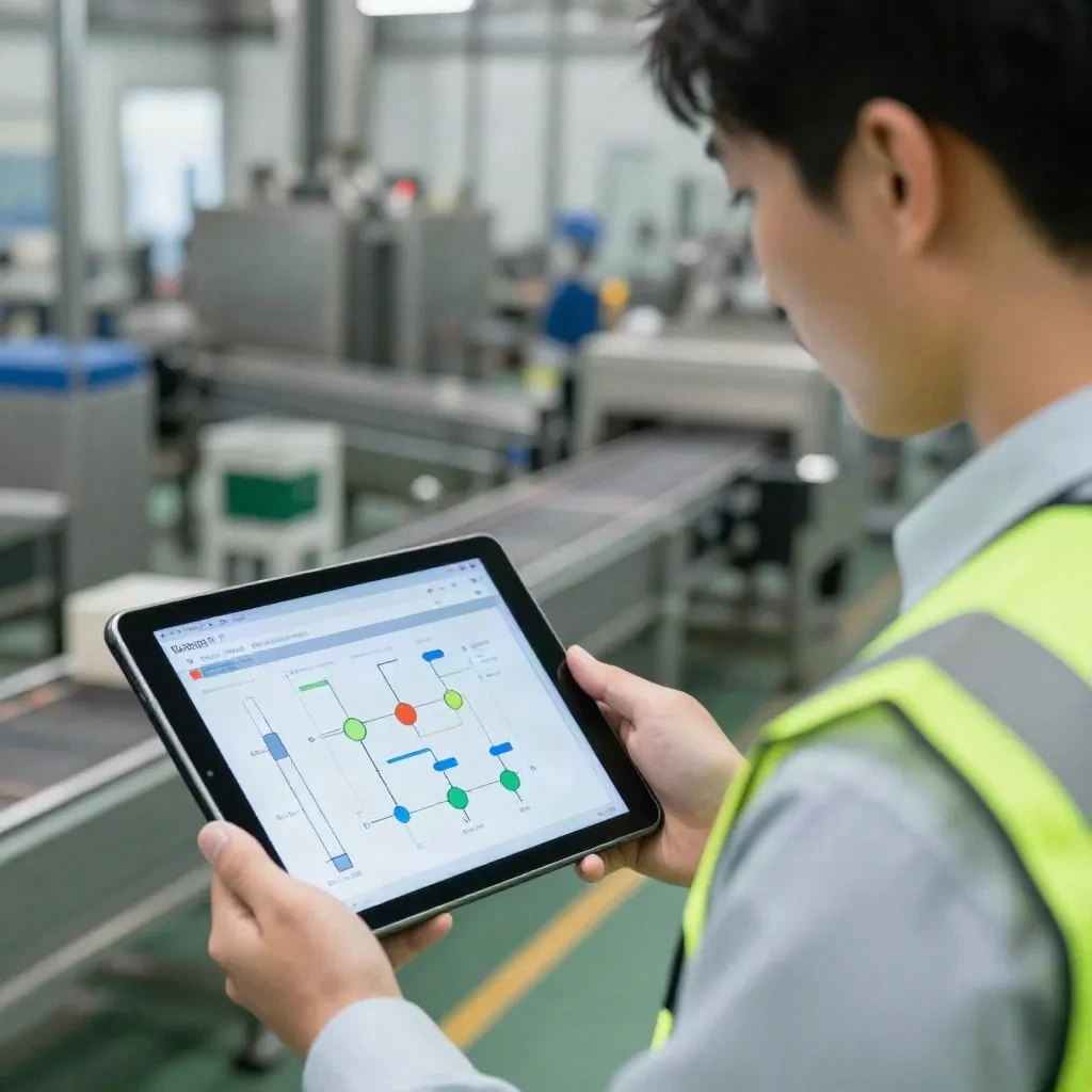 Factory engineer reviewing AI-powered process flow dashboard on tablet at manufacturing plant
