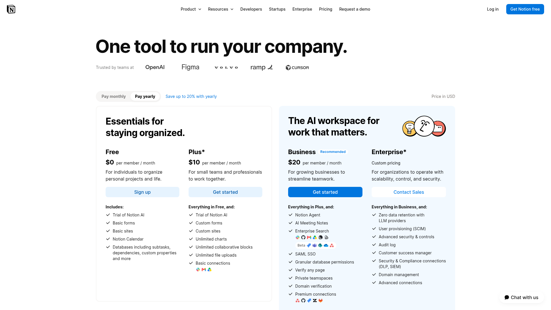 Notion料金ページ：Free、Plus、Business、Enterprise層を表示