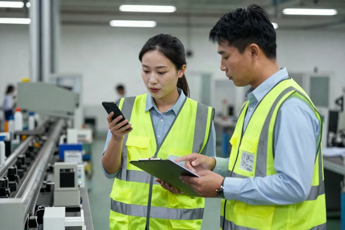 Two shift supervisors reviewing a clipboard and a phone voice note at the start of a shift on the factory floor