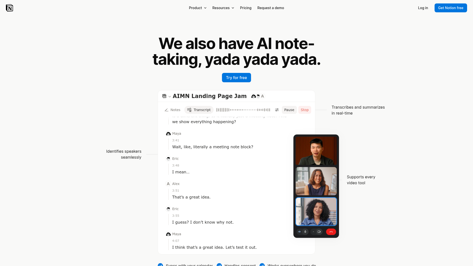 Notion AI Meeting Notesフィーチャーページスクリーンショット