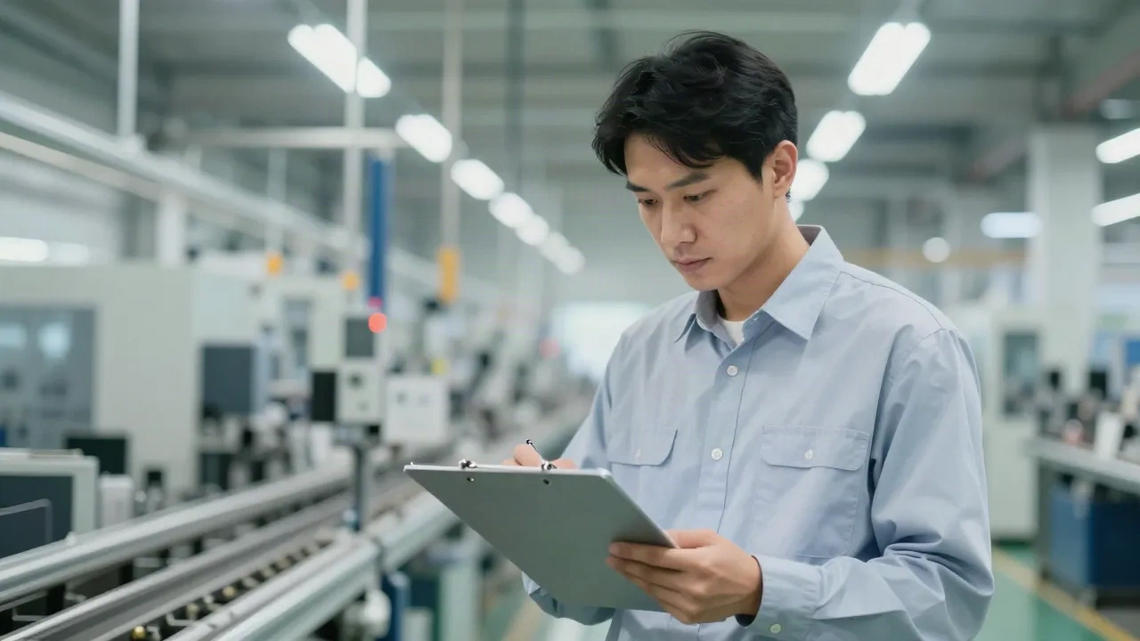 生産フロアで構造化されたメモを確認するオペレーションマネージャー