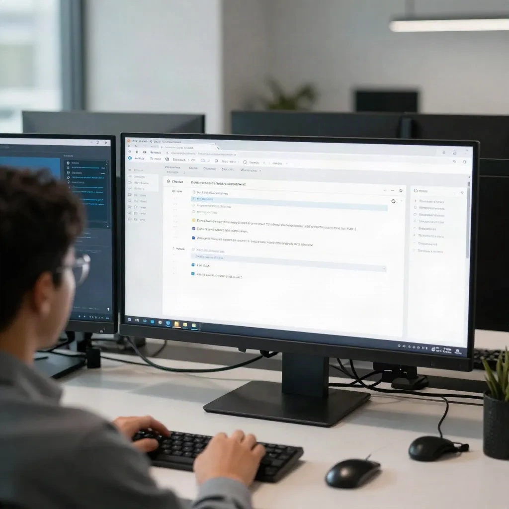 Professional at a workstation using AI tools to organize digital notes and tasks
