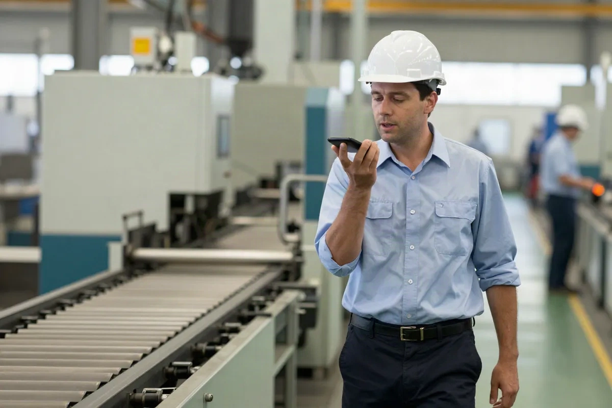 Industrial engineer in a hard hat recording a voice note while walking a production line during a gemba walk