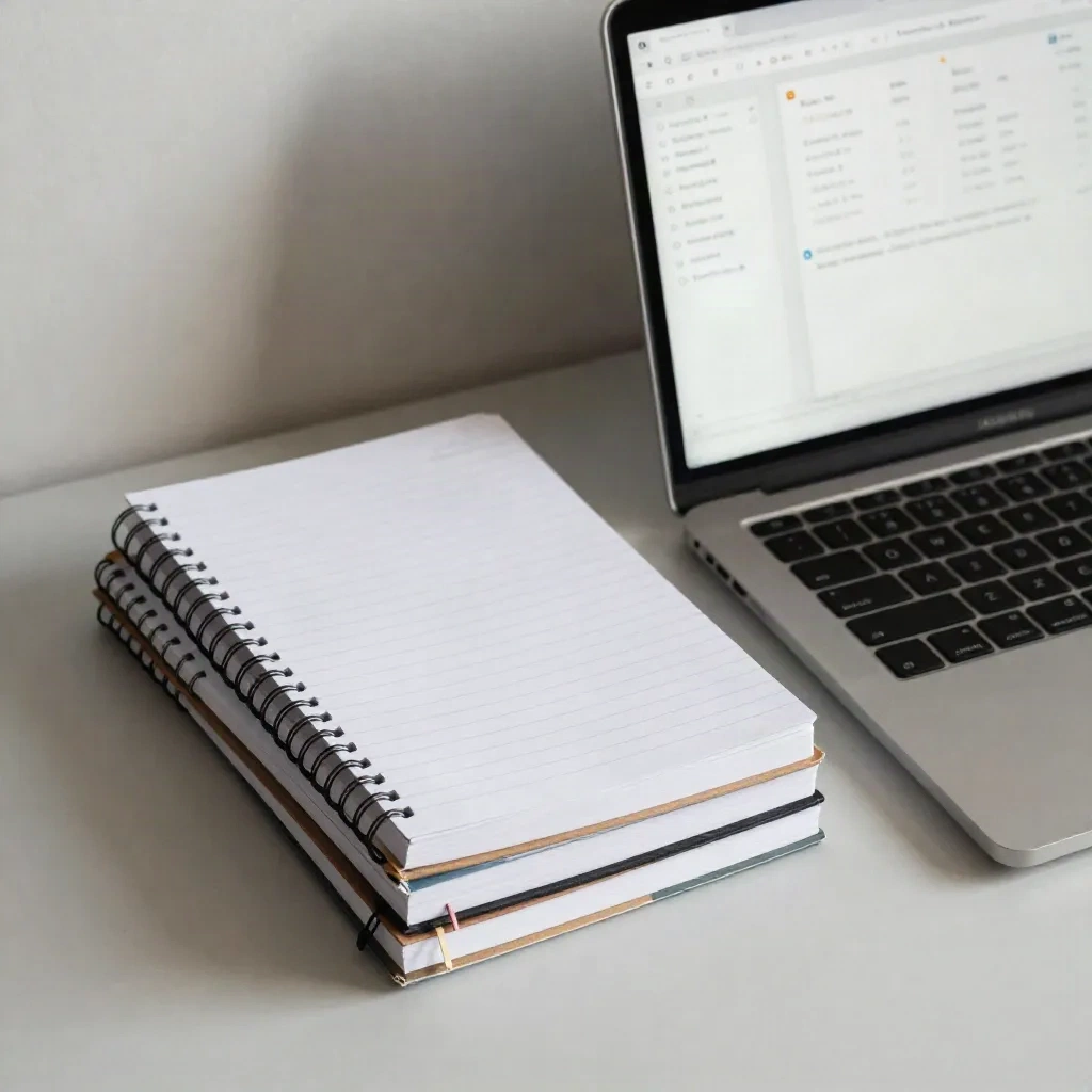 Notebooks and laptop showing a structured note-taking system for productivity