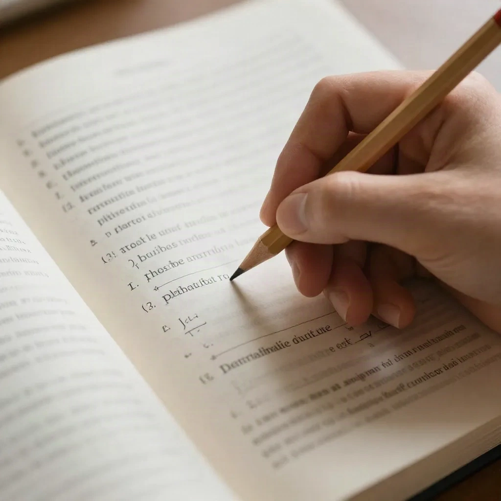 Mano escribiendo una pregunta en el margen de una página de un libro de texto abierto
