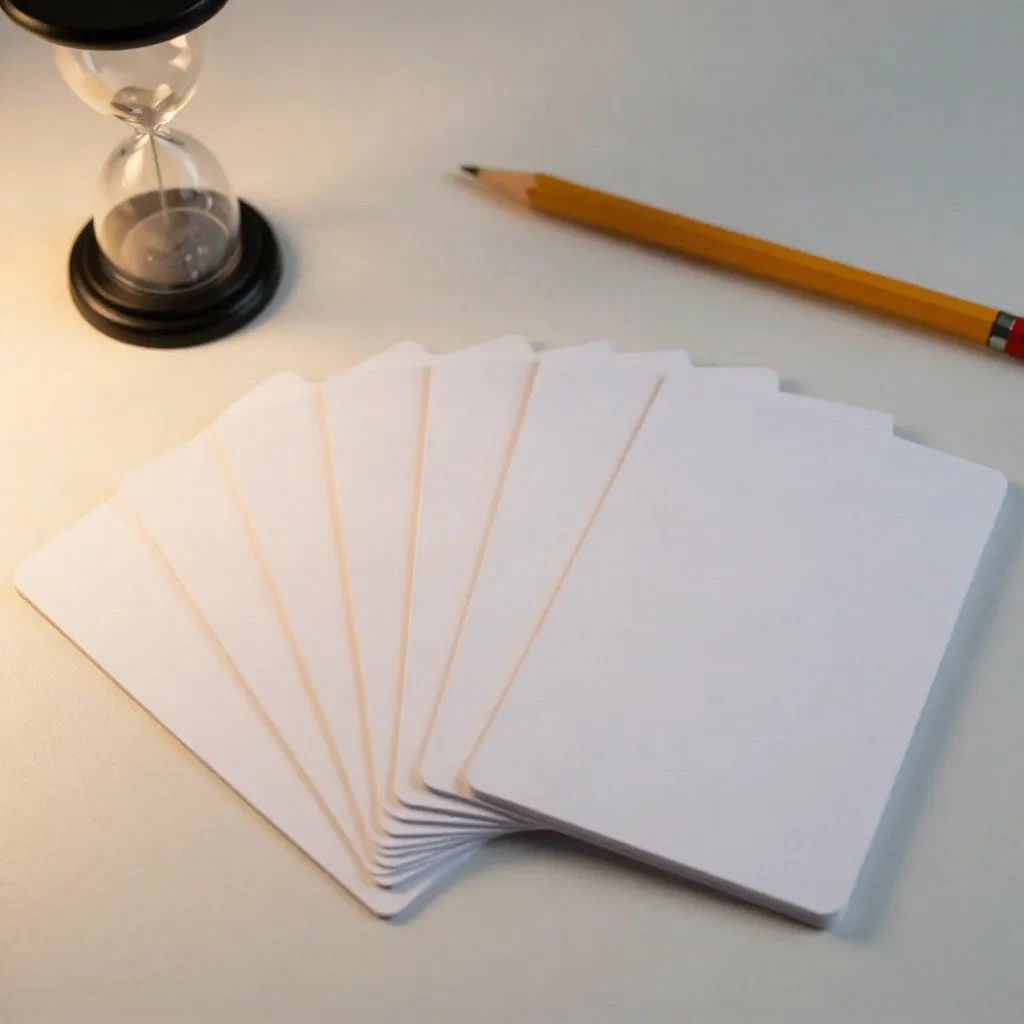 Fan of blank index cards beside an hourglass timer and a pencil