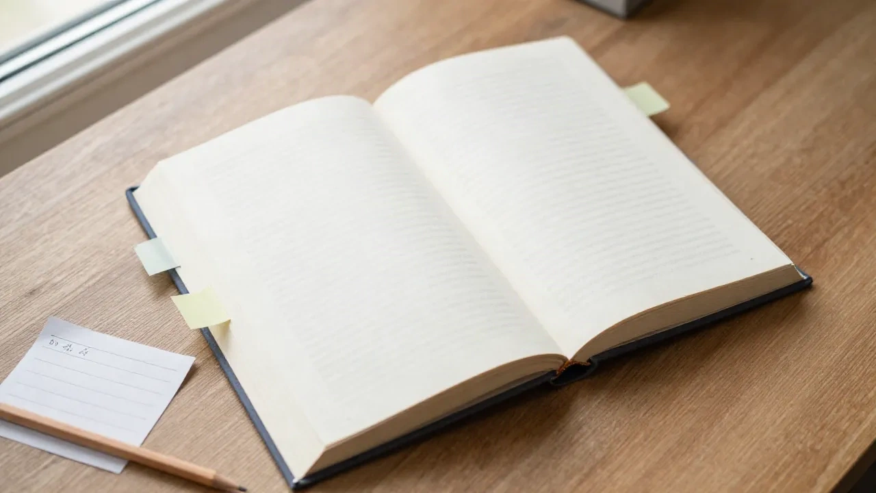 Libro de no ficción abierto con pestañas adhesivas, un lápiz y una ficha sobre un escritorio de madera