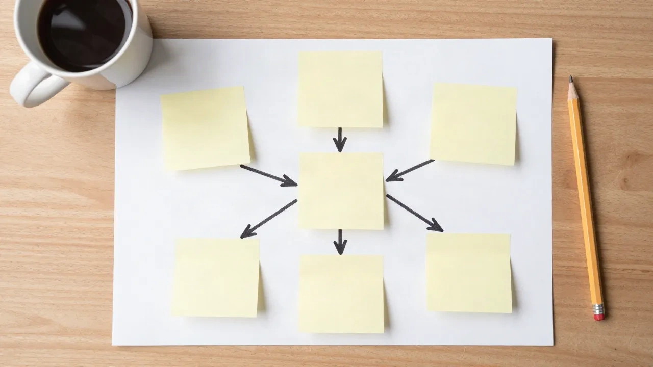 Sticky notes linked by pencil arrows on a sheet of paper, a hand-drawn workflow map