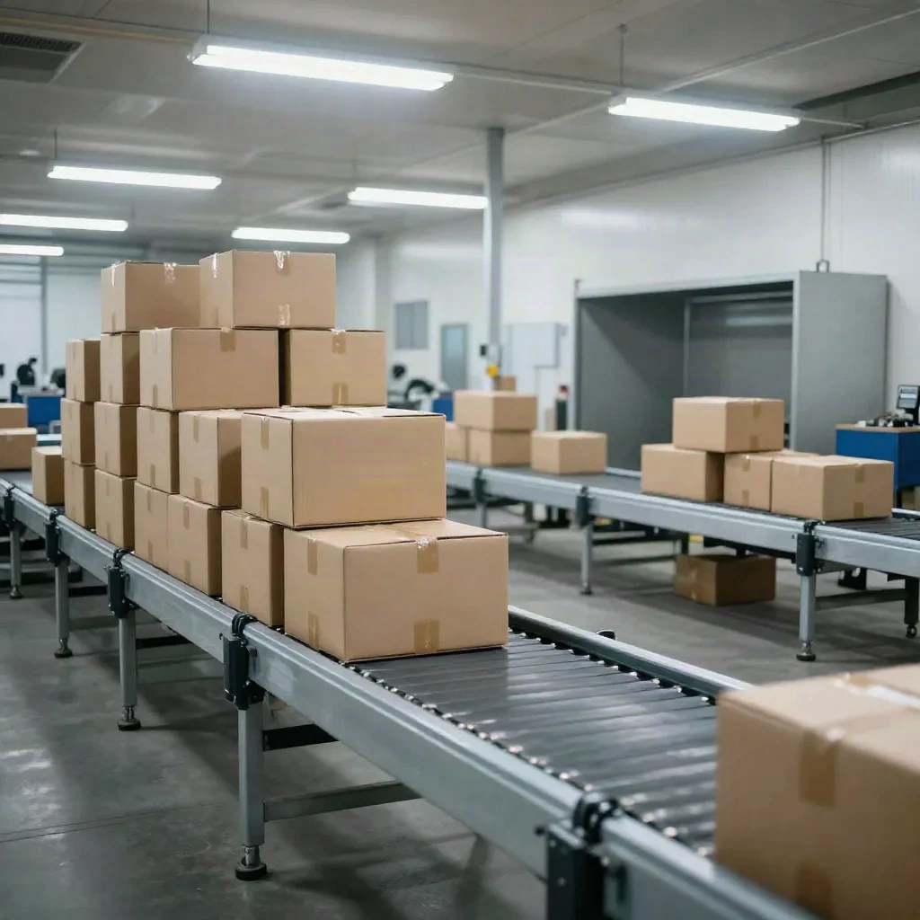 Boxes piling up on a conveyor at one packing station while the next sits idle