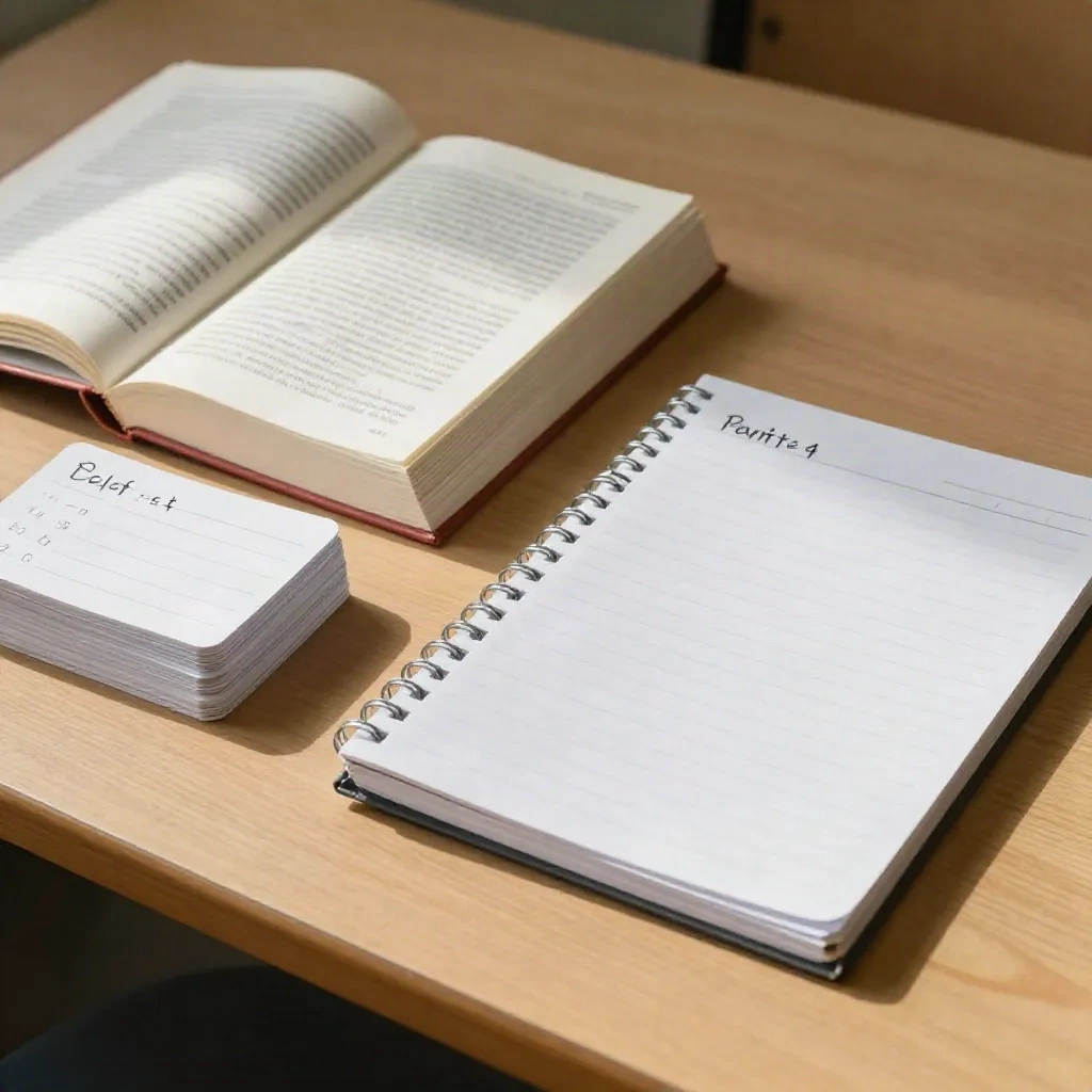 Libro cerrado, tarjetas de índice y un cuaderno cubierto por una hoja de papel