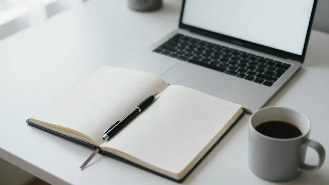 Offenes Notizbuch und Laptop auf aufgeräumtem Schreibtisch