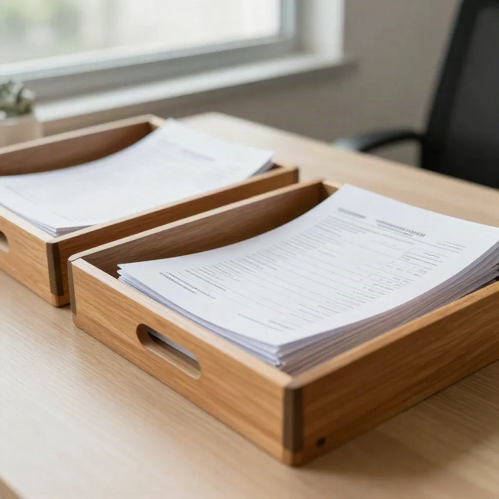 Three document trays on a desk with the middle one overflowing with invoices