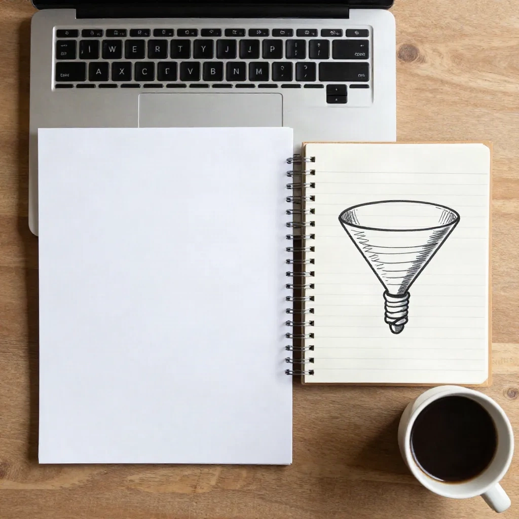 Laptop, blank page and a notebook with a hand-drawn funnel sketch on a desk