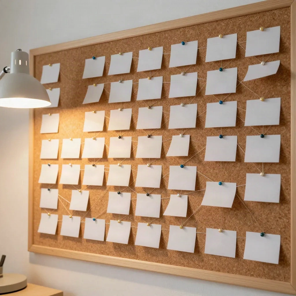 Index cards connected by string on a corkboard, a physical Zettelkasten