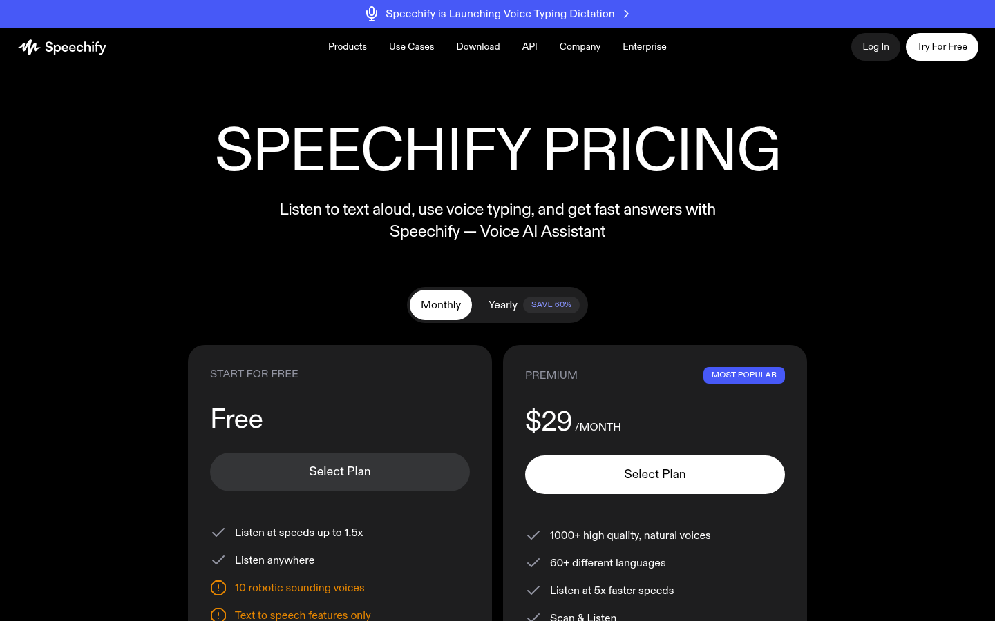 Pagina prezzi di Speechify Reader con Free e Premium a $29 al mese