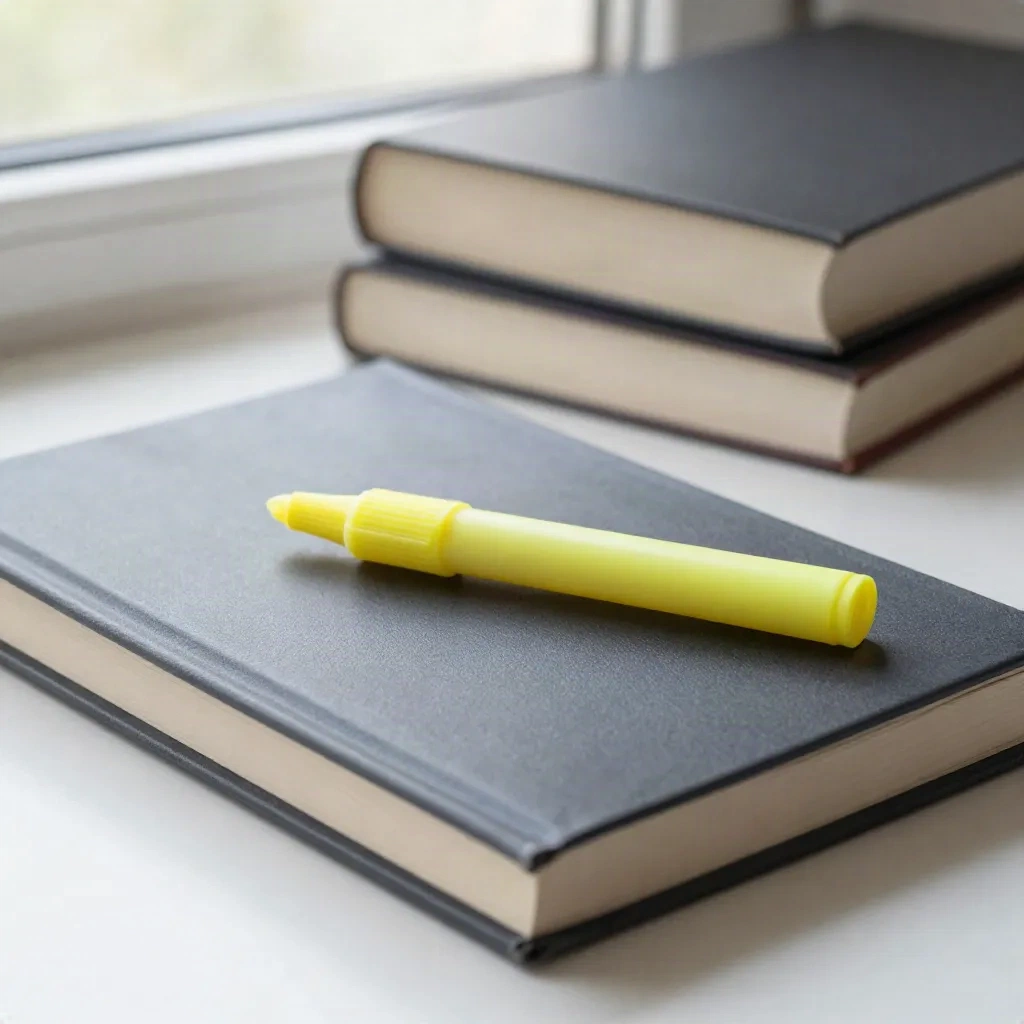 Yellow highlighter resting on a closed hardcover book with a stack of books behind