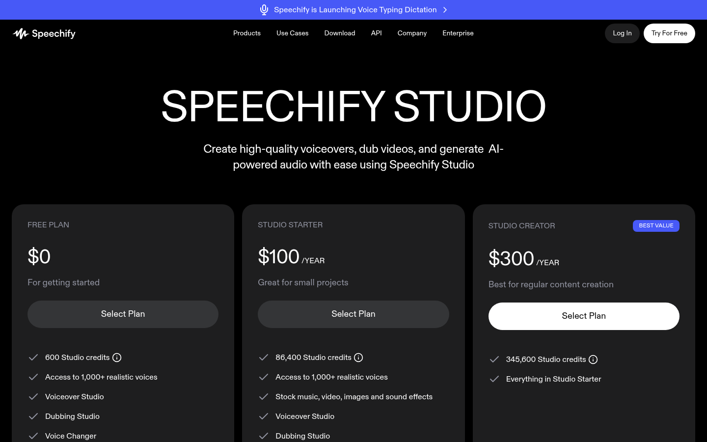 Pagina prezzi di Speechify Studio con Free, Starter a $100 l'anno e Creator a $300 l'anno