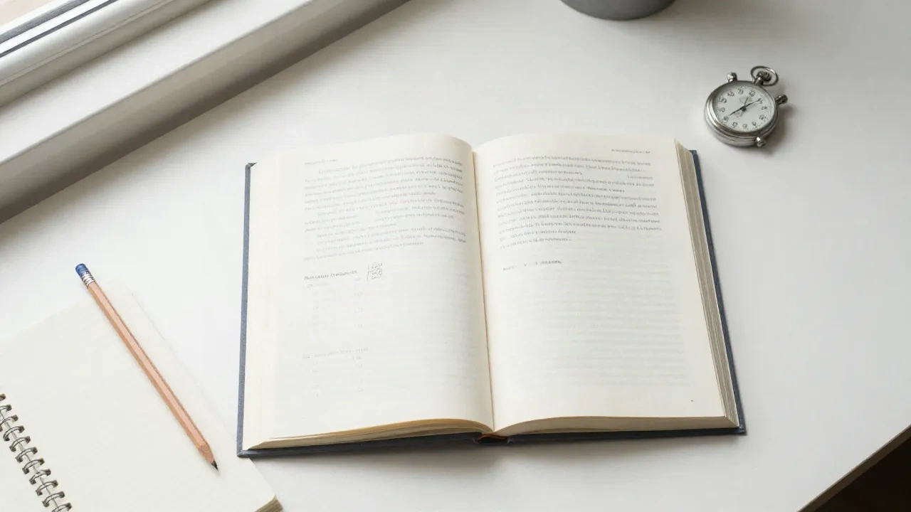 Aufgeschlagenes Lehrbuch neben einem Notizbuch mit handschriftlichen Notizen in zwei Spalten, Bleistift und Stoppuhr auf einem aufgeräumten Schreibtisch