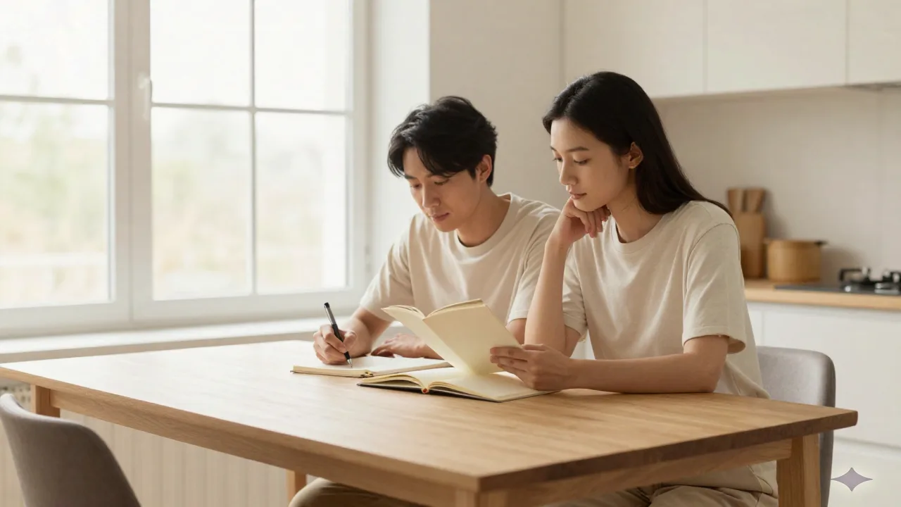 Couple writing notes together at a Scandinavian kitchen table, morning light