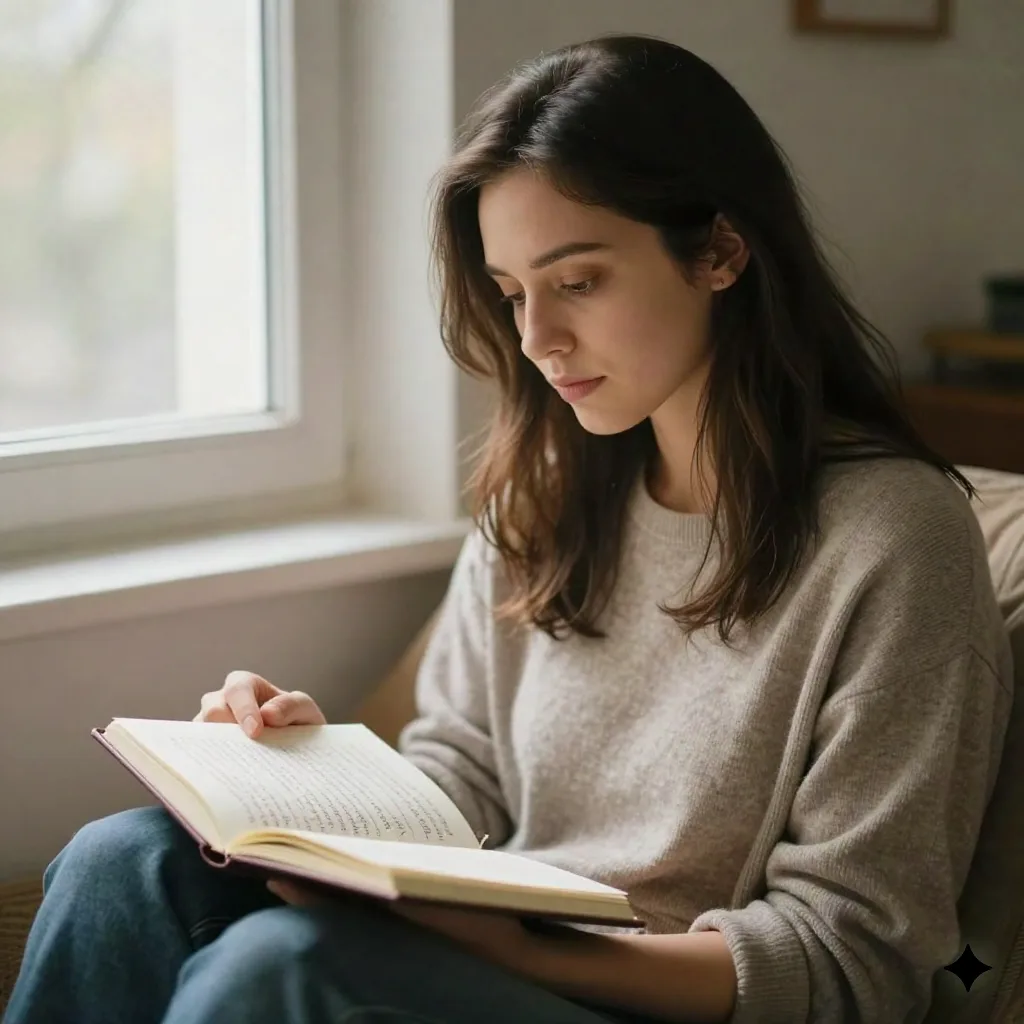 Woman reading handwritten notes by a window, thoughtful and unhurried