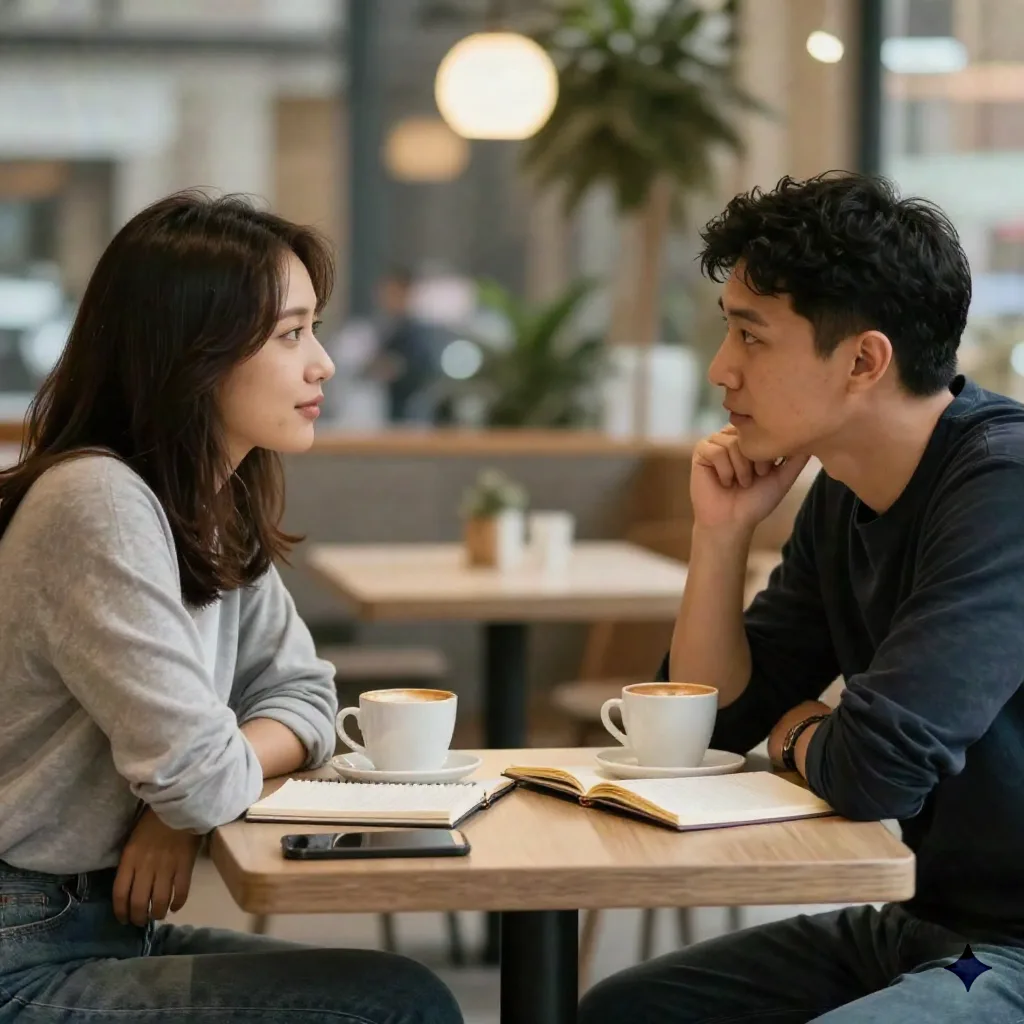 Couple discussing baby name notes over coffee at a small cafe table