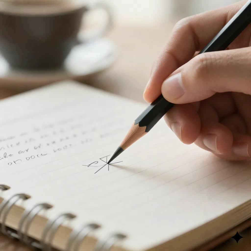 Close-up of a hand crossing a name off a shortlist in a notebook, coffee cup blurred in the background
