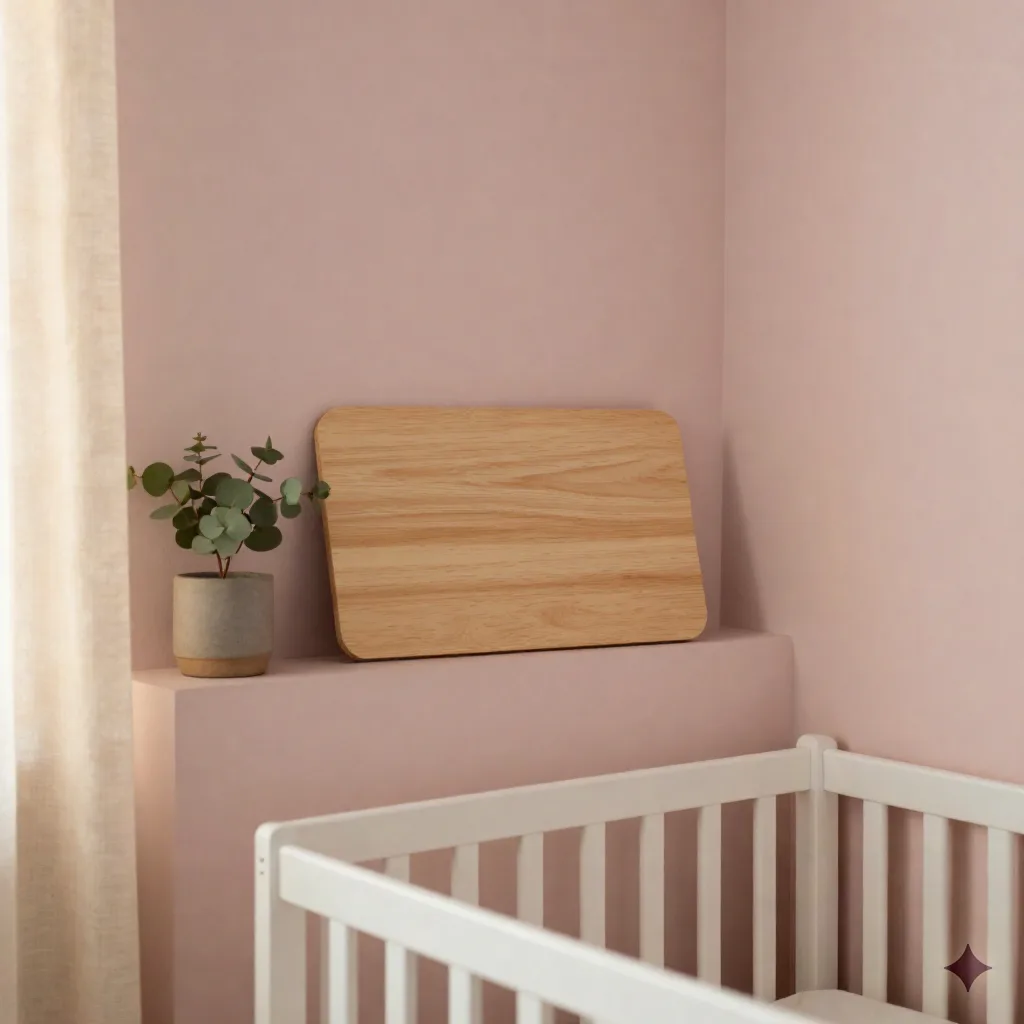 A blank wooden name plaque leaning in an unfinished nursery corner at golden hour