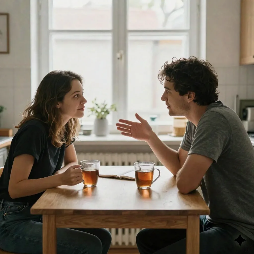 A couple leaning toward each other at a kitchen table, talking over an open notebook
