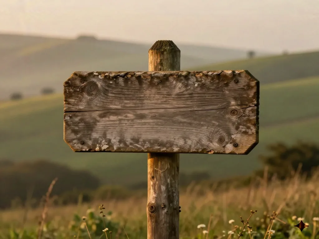 Blank wooden signpost at a countryside crossroads, waiting for a town name