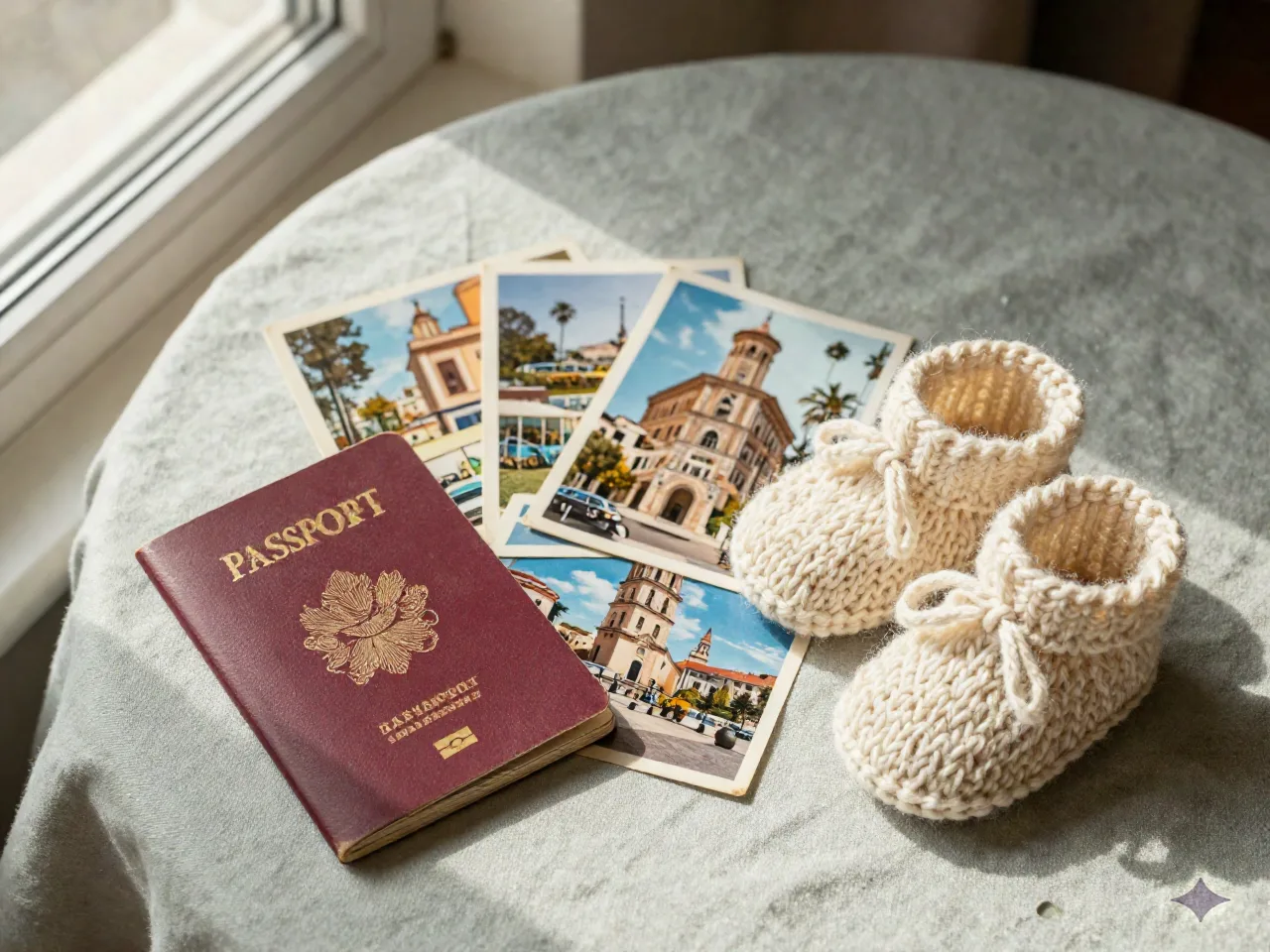 Flat lay of a vintage passport, travel postcards, and hand-knitted baby booties on a linen tablecloth