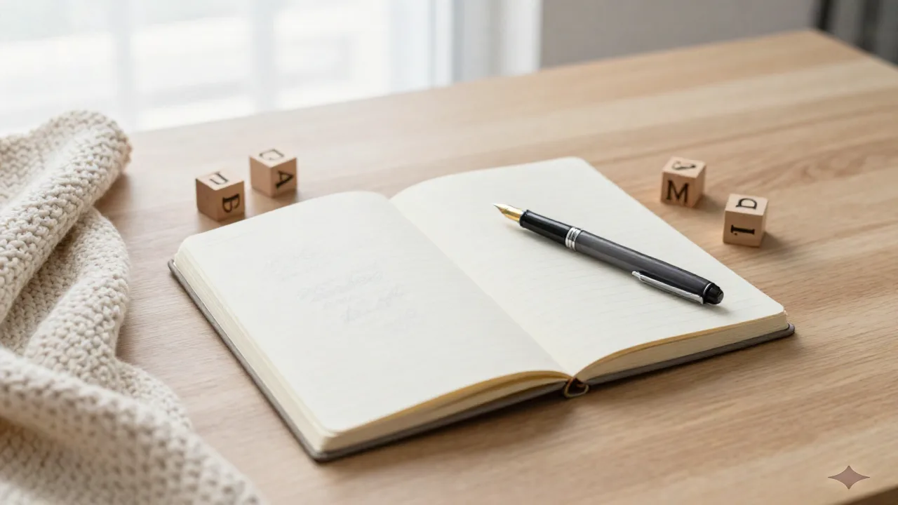 Notebook terbuka dengan daftar nama bayi dan pena fountain, flat lay di meja kayu