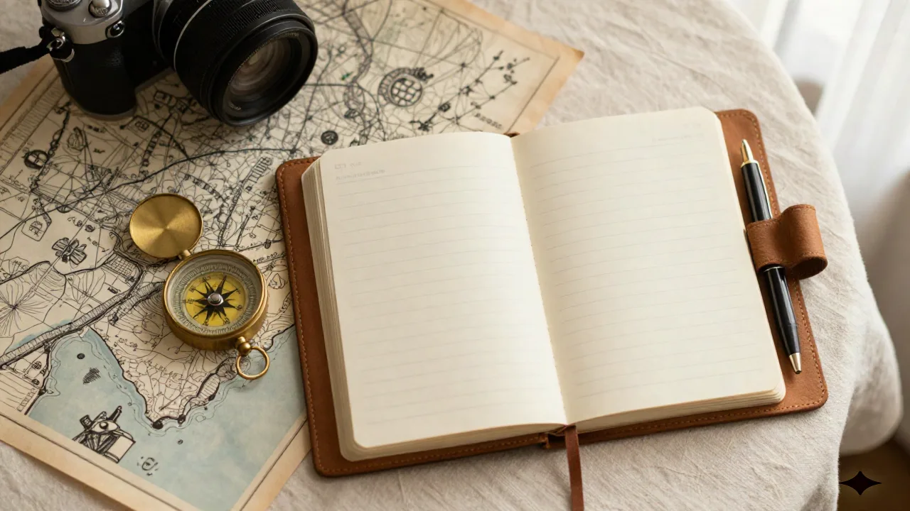Flatlay of a vintage map, journal, compass and pen for naming a fictional town