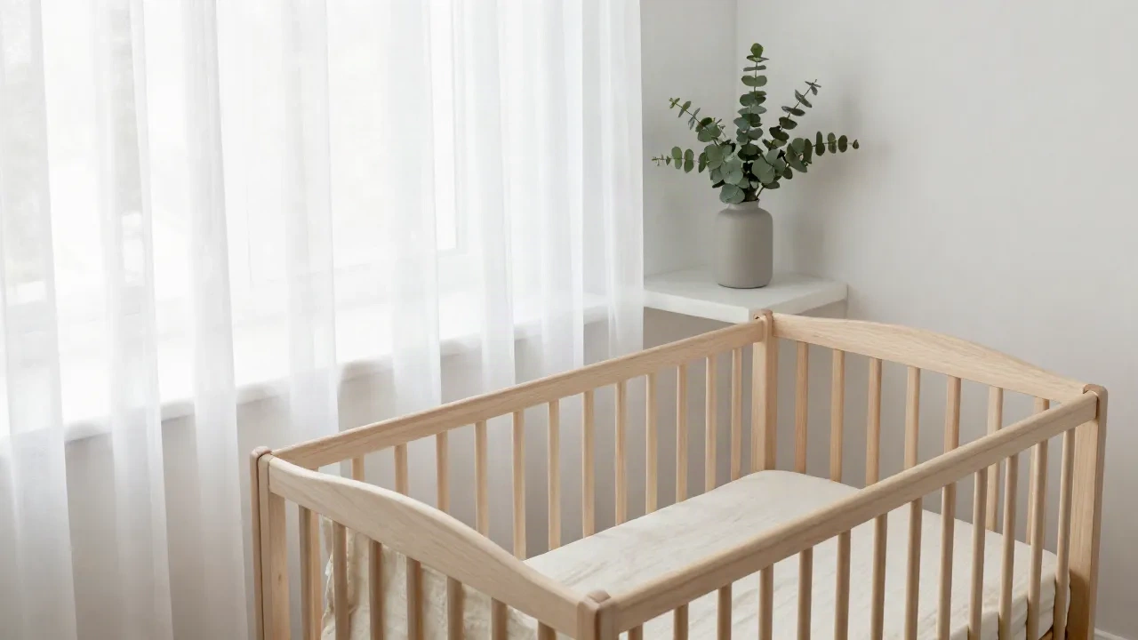 Peaceful Scandinavian-style nursery with morning light, empty wooden crib and eucalyptus plant, neutral palette