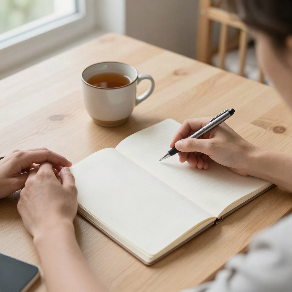 Two hands over an open notebook, a quiet moment of choosing a name together