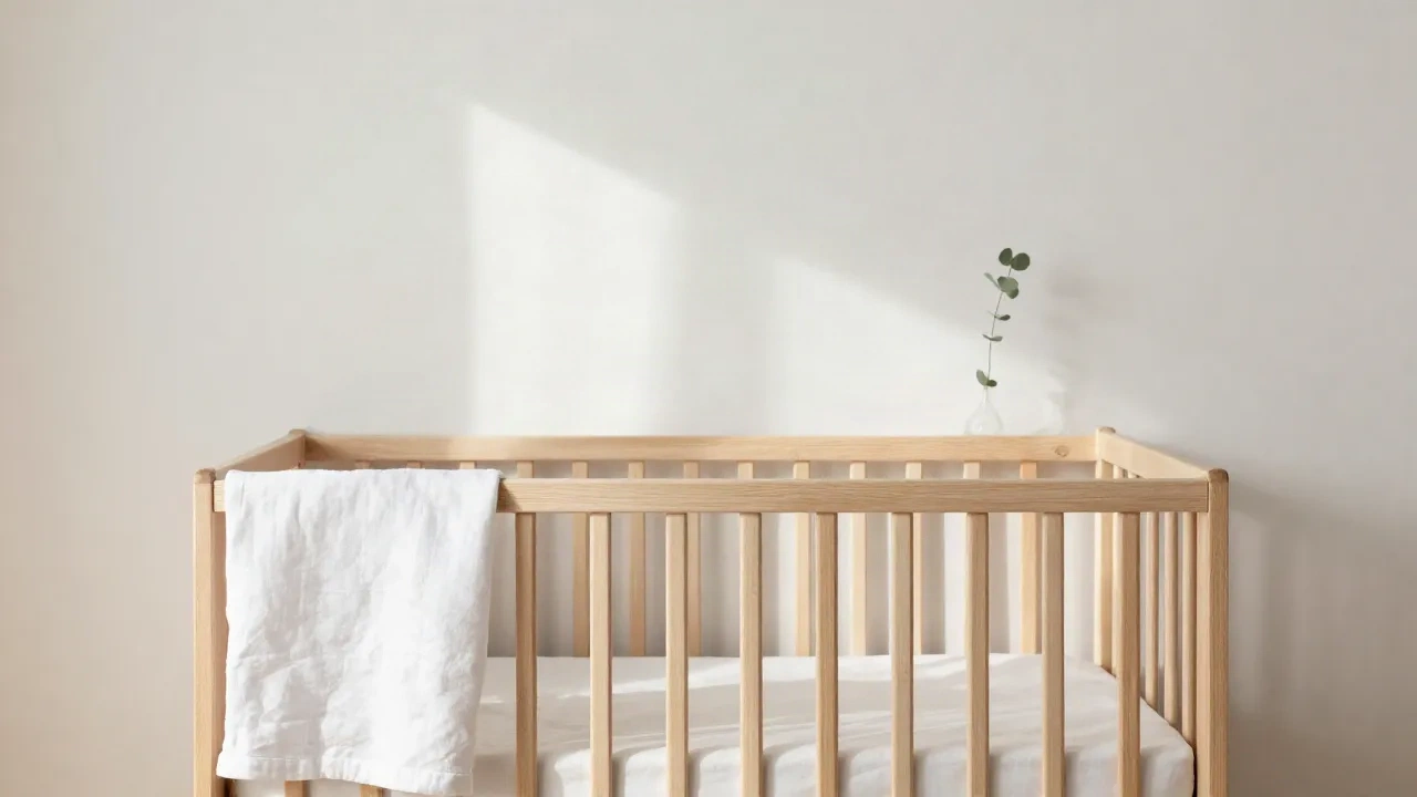 Minimalistisches skandinavisches Kinderzimmer mit weichem Morgenlicht und hellem Holzbettchen